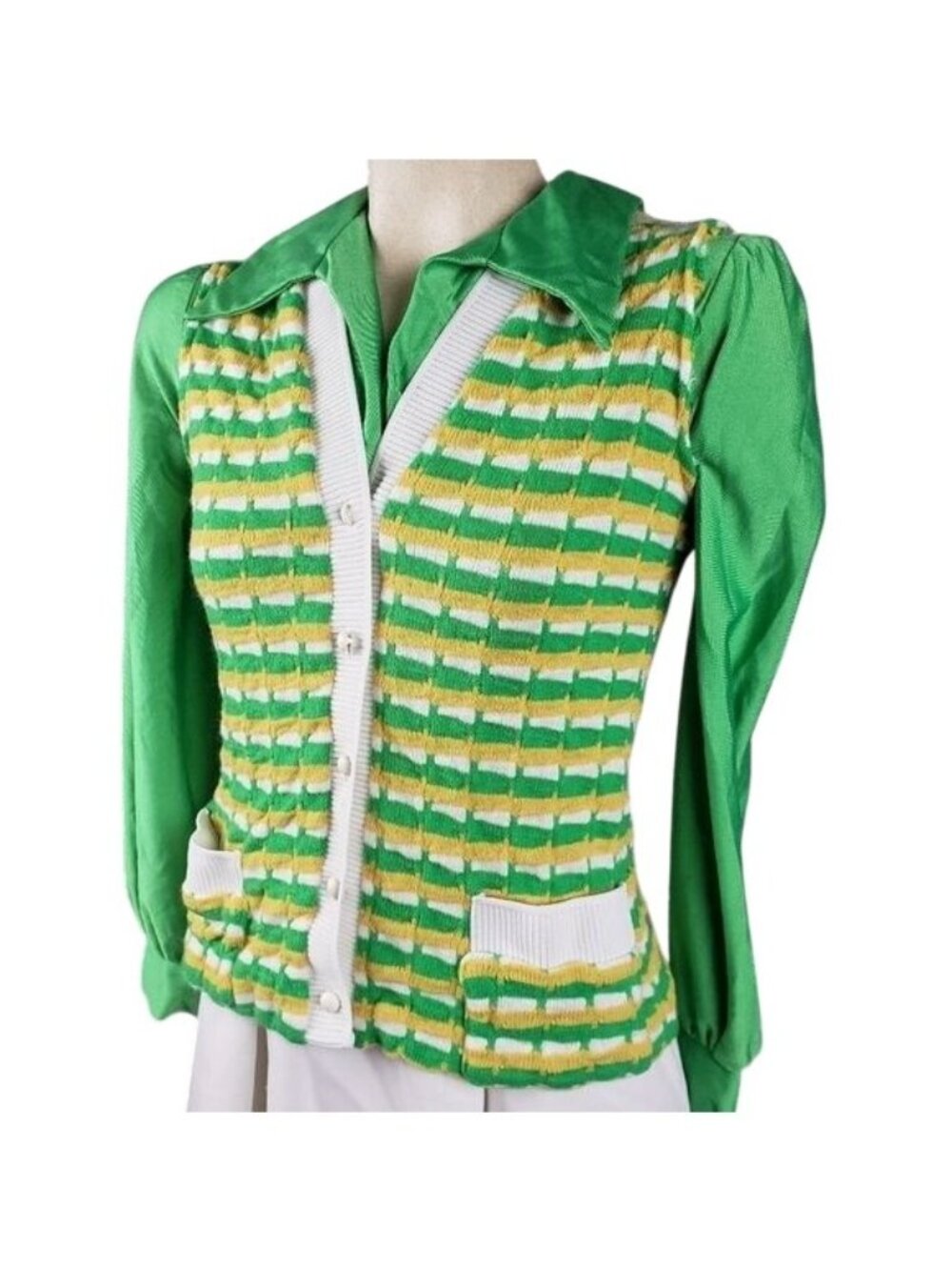 Vintage Knit Dress With Long Sleeves And Button-Up Sweater Vest Size M